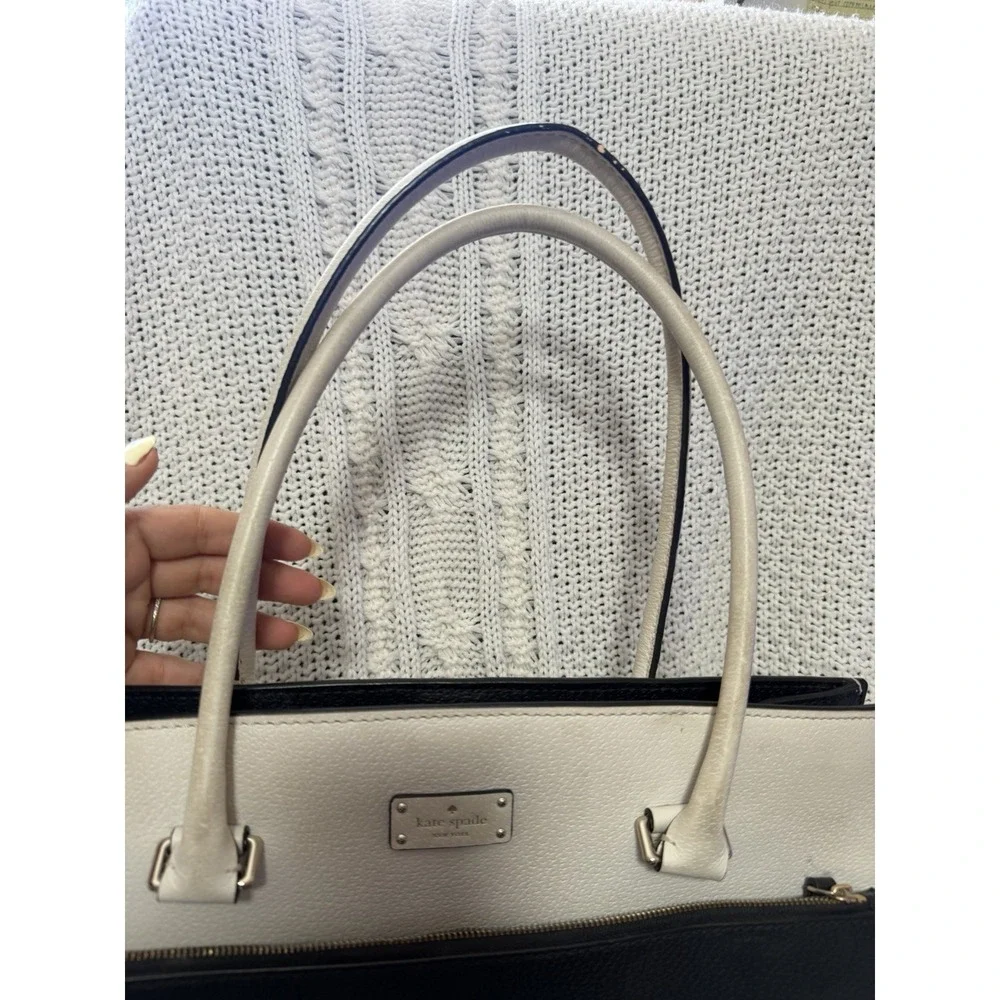 Kate Spade Black White Structured Tote Shoulder Bag Leather Purse Large
